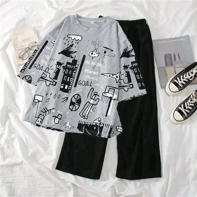 SR-PLANET PRINTED PJ SUIT  (GREY,FAWN,PINK )