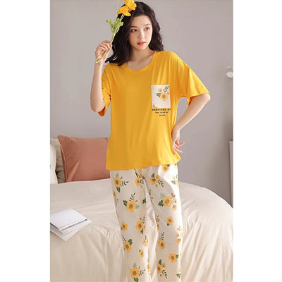 SR-POCKET PRINTED NIGHT SUIT - MUSTARD