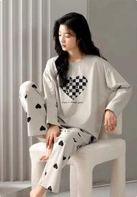 CHECKERED HEART PRINTED PJ SUIT FULL SLEEVES